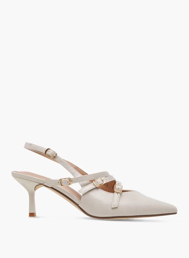 Celeste Women's Pointed Toe Sandals with Kitten Heels and Pin Buckle Closure