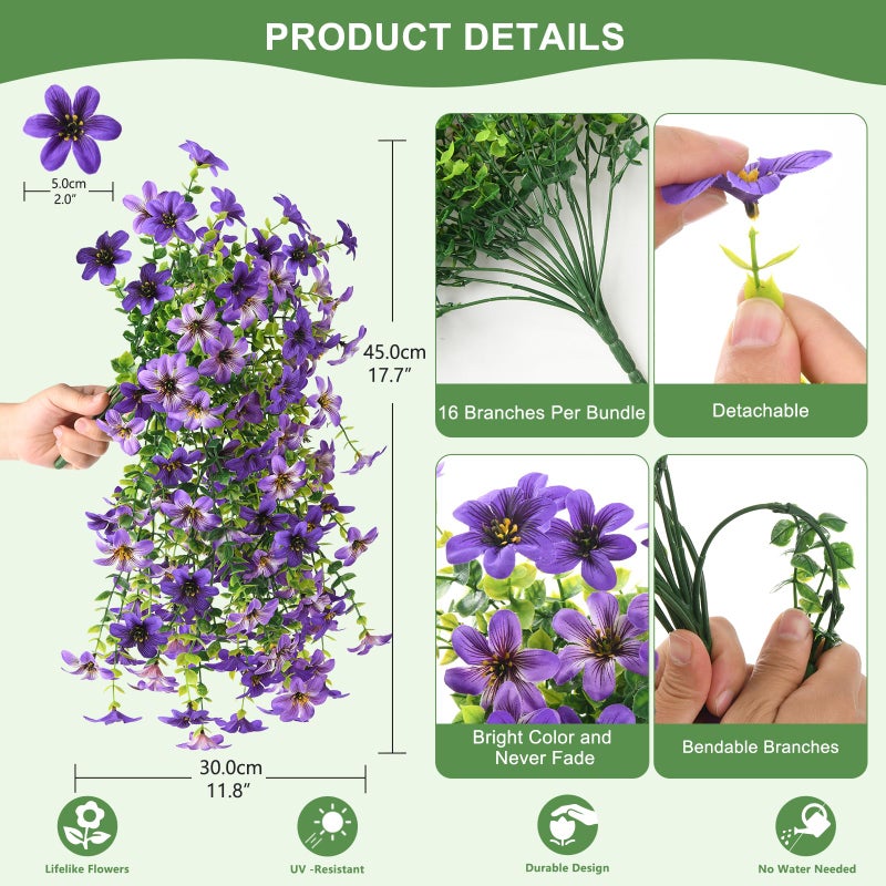 ZFProcess Artificial Flowers for Outdoors, 2 Pcs Fake Hanging Flowers Plants Outdoors Spring Summer Decoration, UV Resistant Faux Flower for Outdoor Planters Porch Patio Yard Window Home Decor(Gradient Purple) - Image 2