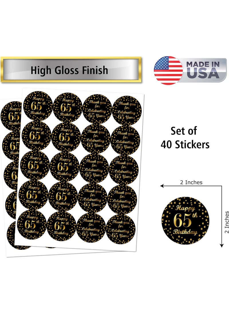 RokAPary 65th Birthday Round 2 Inch Big Glossy Stickers Thank You for Celebrating 65 Years Black and Gold Labels Great for Party Favors Decorations Tags Gift Bags and Supplies Made in USA  - Image 2