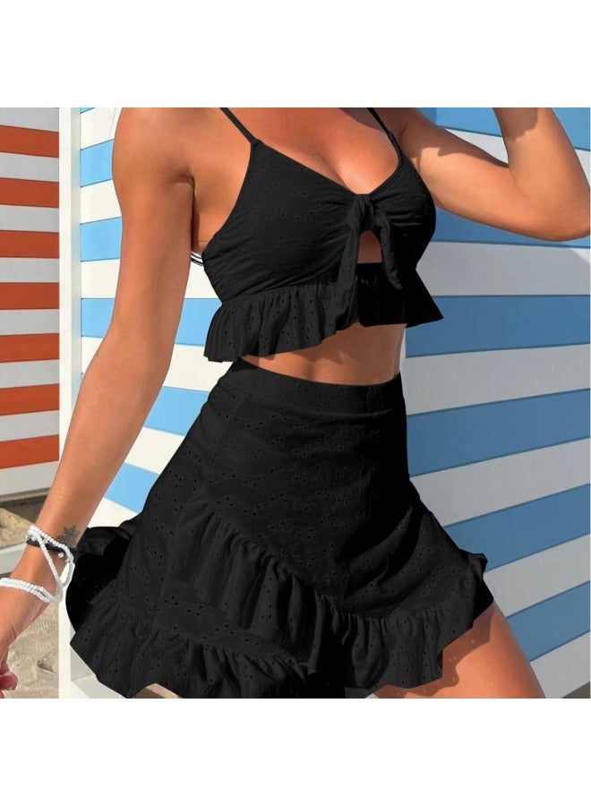Generic European And American Solid Color Floral Special Fabric Three-piece Swimwear Swimsuit Bikini Cross-Border-Color:White-Size:M - Image 4