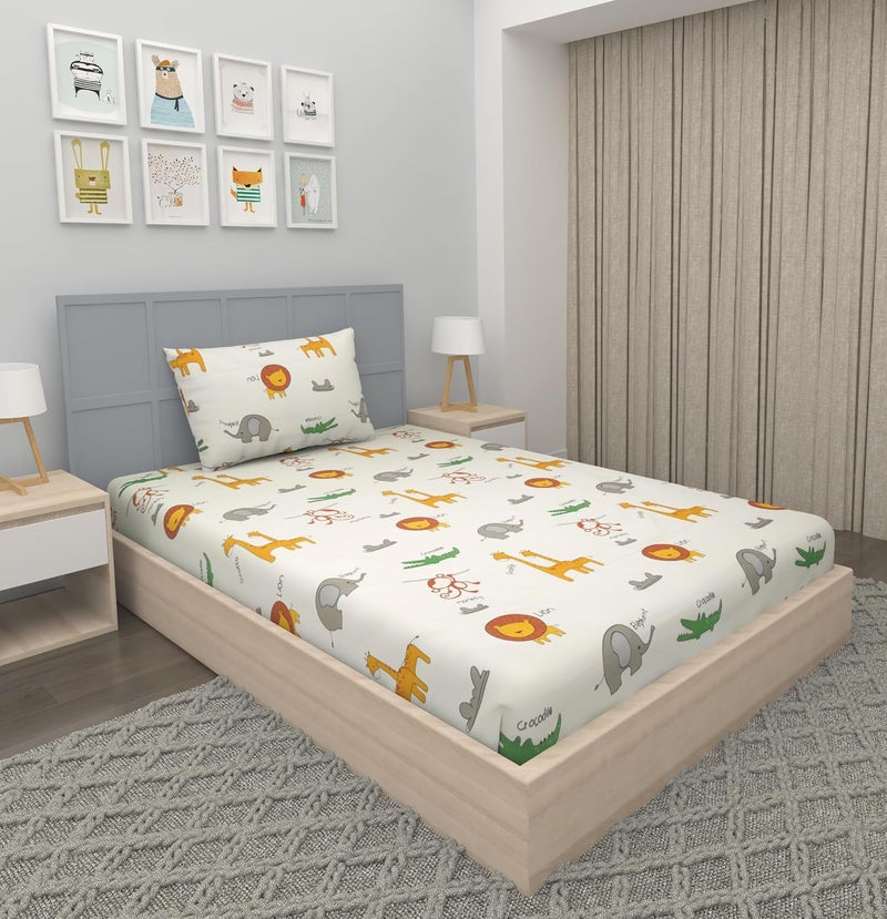 VOMZER 300 TC Elastic Fitted Bedsheets Single Bed with 1 Pillow Cover | Single Bed with All Around Elastic, Size 36 x 72 x 10 Inches (Cream) - Image 1