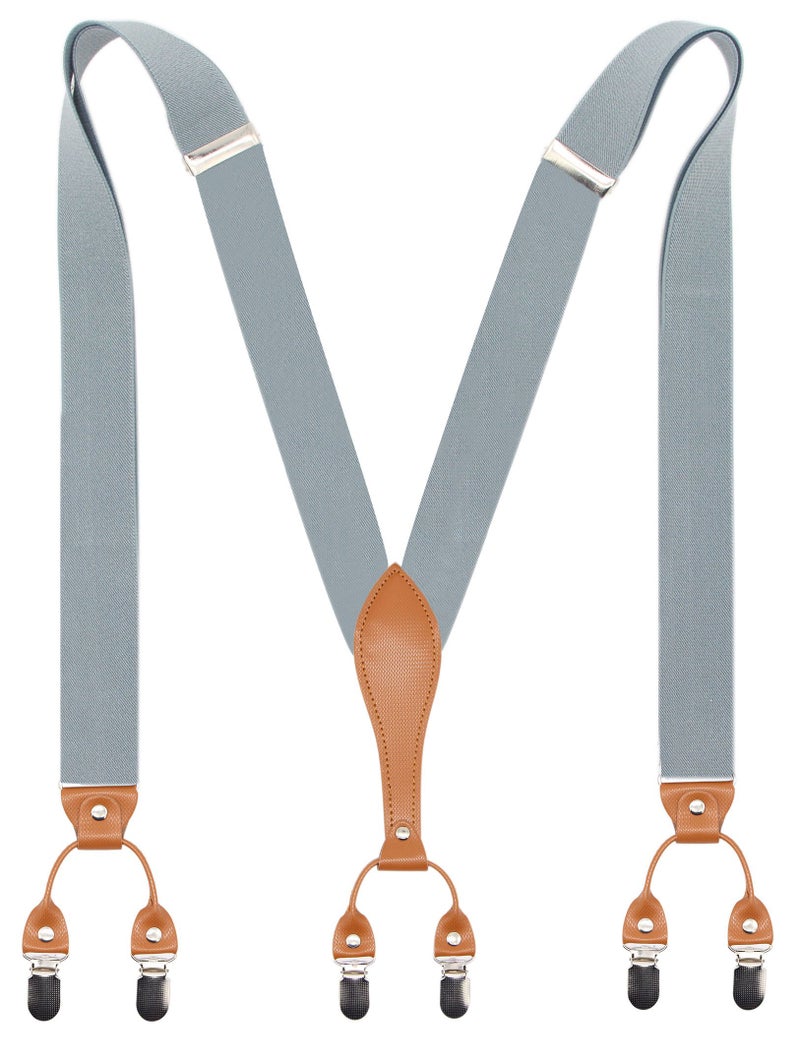Timiot Mens Suspender Wide Leather 6 Metal Clips Adjustable Straps Y Shape (Light Grey) - Image 1