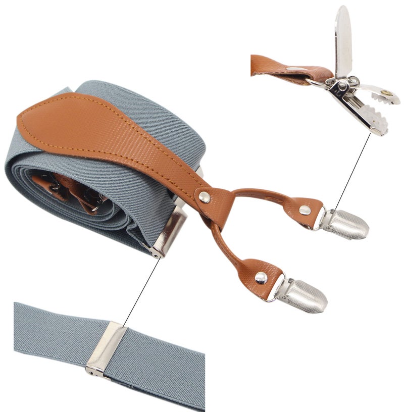 Timiot Mens Suspender Wide Leather 6 Metal Clips Adjustable Straps Y Shape (Light Grey) - Image 2