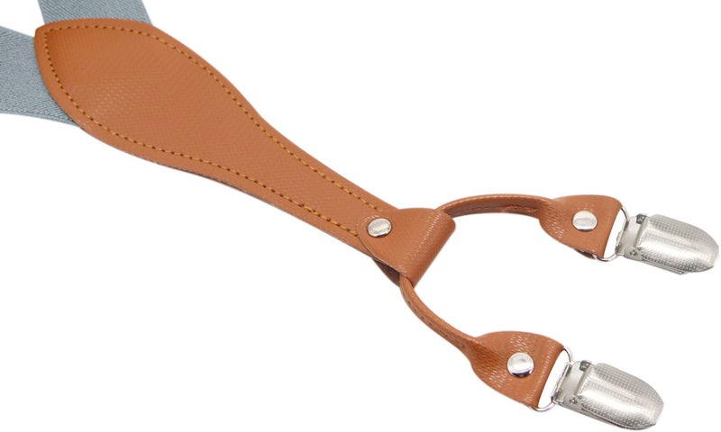 Timiot Mens Suspender Wide Leather 6 Metal Clips Adjustable Straps Y Shape (Light Grey) - Image 4