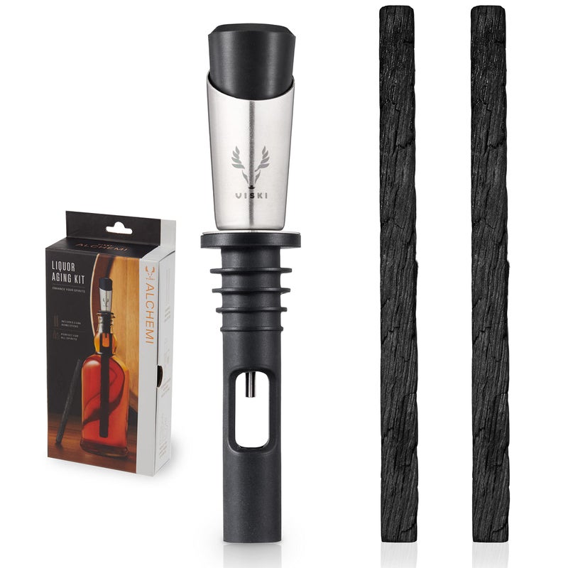 Viski Liquor Aging Kit 2 Charred Oak Sticks and Stopper Pourer for Whiskey Bourbon Rum Rye Enhance Flavor and Aroma Home Bar Gifts Bar Cart Accessories Whiskey Aging Tool