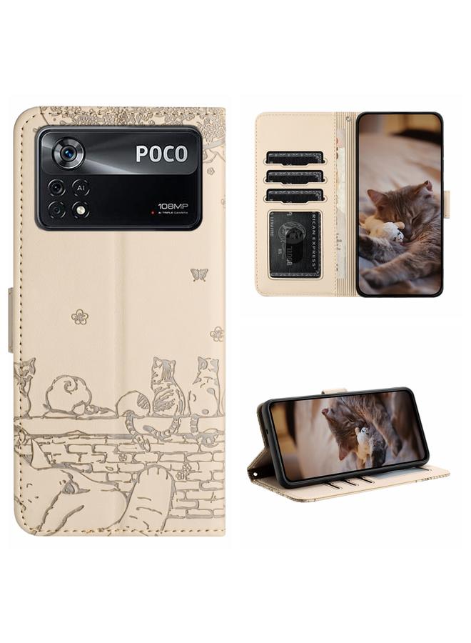 The Bros Case For Xiaomi Poco X4 Pro 5G Cat Embossing Pattern Leather Phone Case with Lanyard