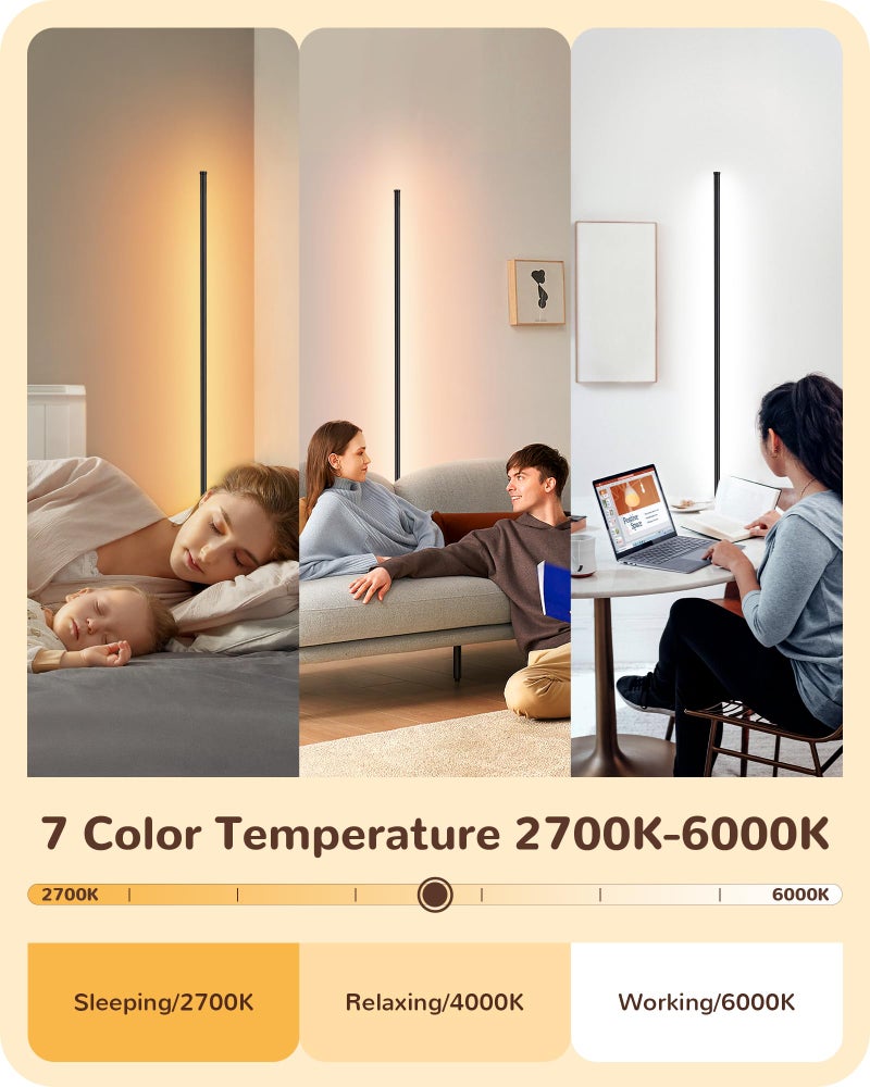 EDISHINE LED Corner Lamp, Set of 2 Minimalist Dimmable Tall Light with Remote, 57.5" Floor Lamps for Living Room, Bedroom, Home Office, 7 Color Temperature 2700-6000K (Black) - Image 2