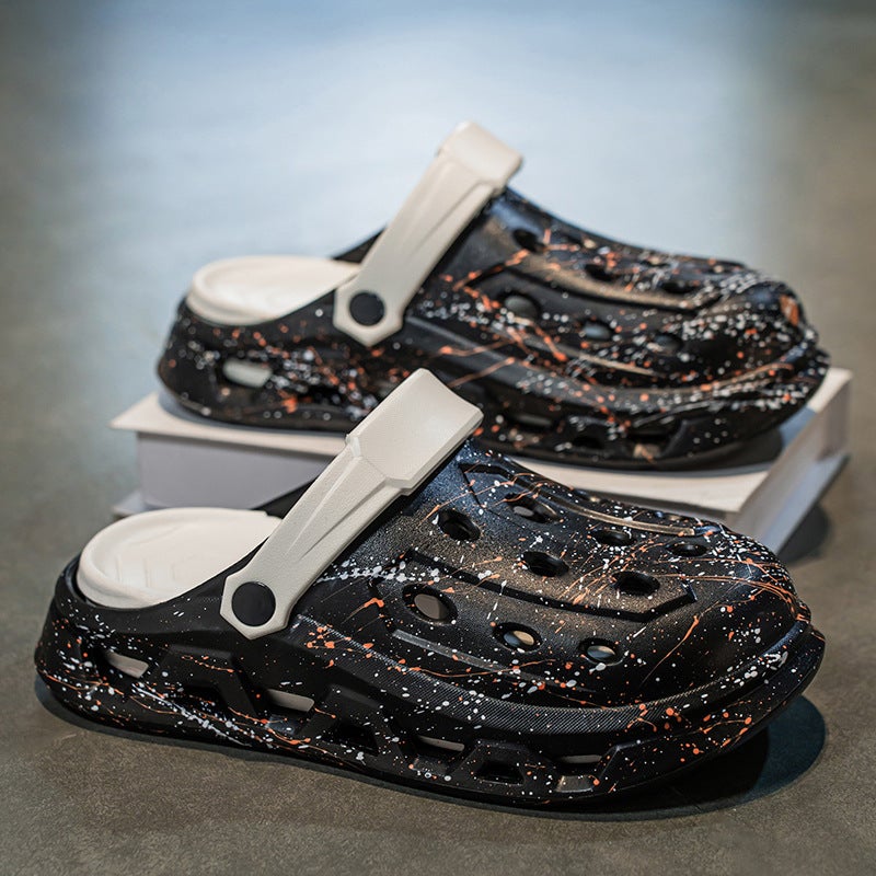 Men'S Style Clogs With Thick Soles, Non-Slip, Breathable Sandals For Outdoor Casual Wear, Trendy Graffiti Beach Closed-Toe Slippers - Image 3