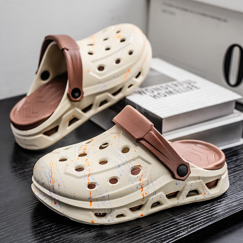 Men'S Style Clogs With Thick Soles, Non-Slip, Breathable Sandals For Outdoor Casual Wear, Trendy Graffiti Beach Closed-Toe Slippers - Image 2