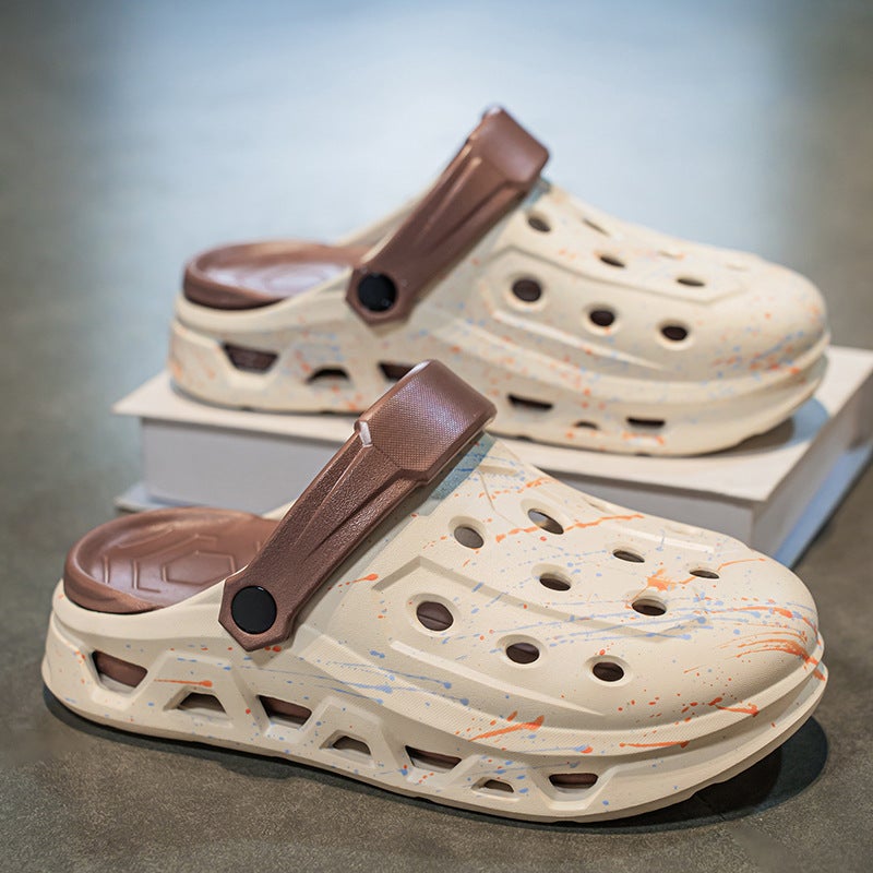 Men'S Style Clogs With Thick Soles, Non-Slip, Breathable Sandals For Outdoor Casual Wear, Trendy Graffiti Beach Closed-Toe Slippers - Image 1