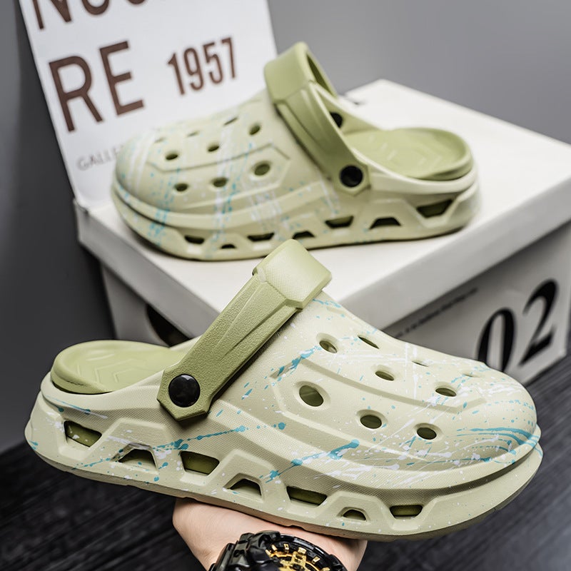Men'S Style Clogs With Thick Soles, Non-Slip, Breathable Sandals For Outdoor Casual Wear, Trendy Graffiti Beach Closed-Toe Slippers - Image 5
