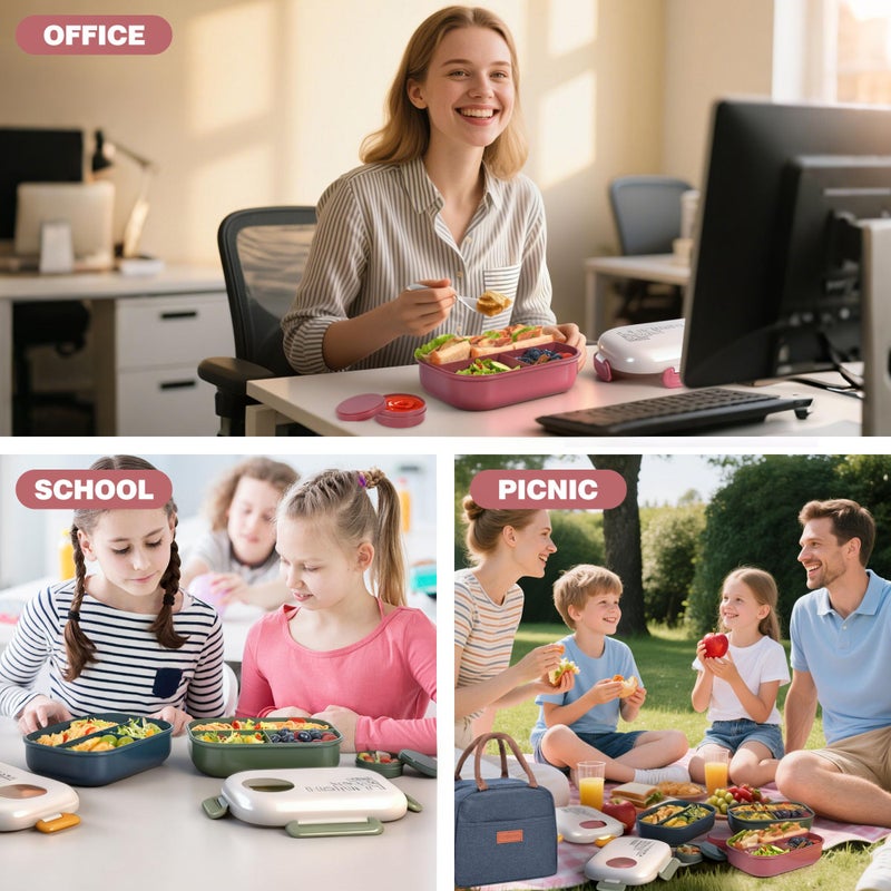 AGREON Lunch Bento Box Set - 3 Compartment Containers for Kids and Adults,lunch box for women with Thermo Lunch Bag, Leak-Proof and BPA-Free - Built-in Utensil Set,Sauce - Dishwasher Safe-Claret - Image 2