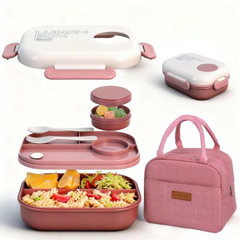 AGREON Lunch Bento Box Set - 3 Compartment Containers for Kids and Adults,lunch box for women with Thermo Lunch Bag, Leak-Proof and BPA-Free - Built-in Utensil Set,Sauce - Dishwasher Safe-Claret - Image 1