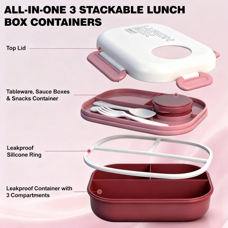 AGREON Lunch Bento Box Set - 3 Compartment Containers for Kids and Adults,lunch box for women with Thermo Lunch Bag, Leak-Proof and BPA-Free - Built-in Utensil Set,Sauce - Dishwasher Safe-Claret - Image 5