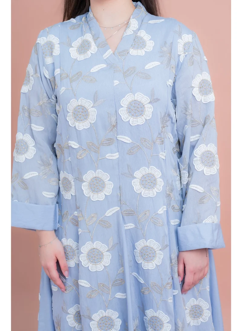 IKKXA Floral Embroidered Modern Jalabiya IK02 Blue