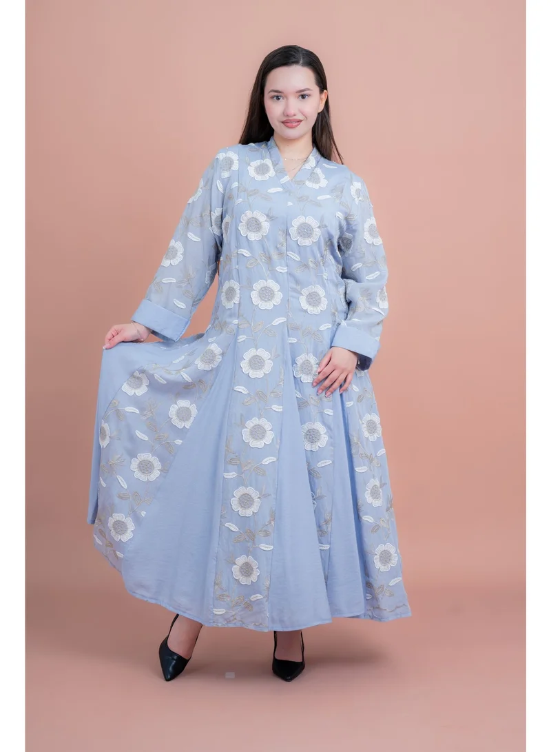 IKKXA Floral Embroidered Modern Jalabiya IK02 Blue