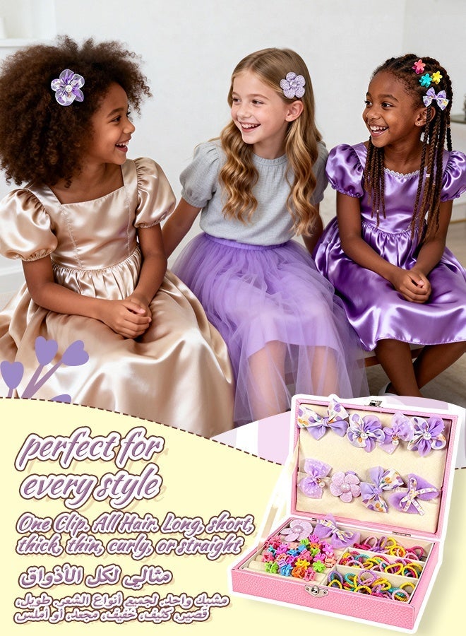 SOOO GOOD 141Pcs Girls Hair Accessories Gift Set, Purple Cute Hair Clips, Elastic Hair Bands and Bows with Leather Organizer Box, Suitable for Daily Hair Styling, Ideal Gifts for Girls Aged 3-16 - Image 4