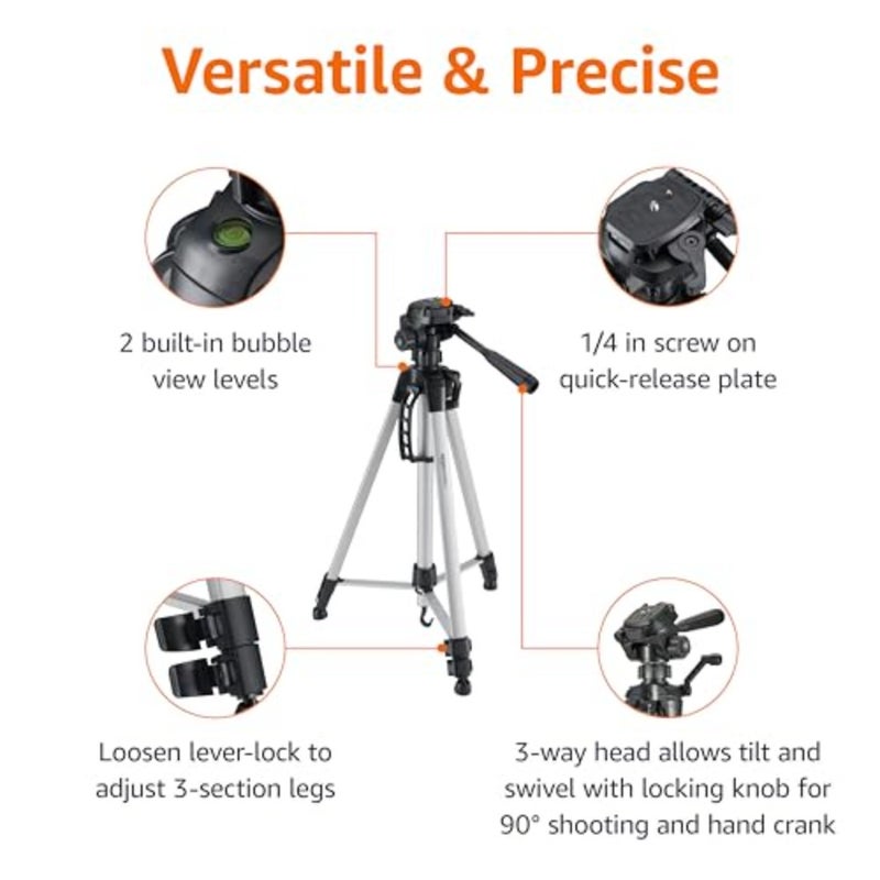 152 cm 60-Inch Lightweight Camera, DSLR and Binocular Tripod with Bag, Black - Image 2