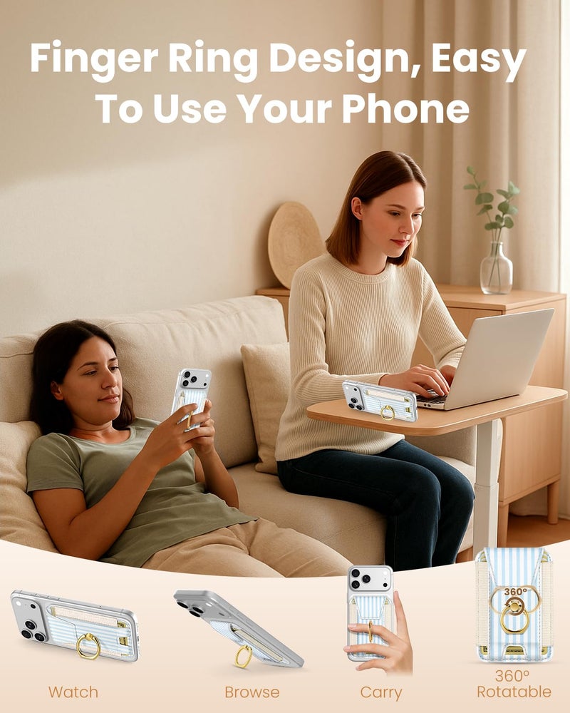 Shorogyt Compatible with Magsafe Wallet with Ring Grip Magnetic Card Holder - Cute Phone Wallets with Stand for iPhone 17/16/15/14/13/12 Series for Women Girls Blue White Design, Fit 7 Cards - Image 2