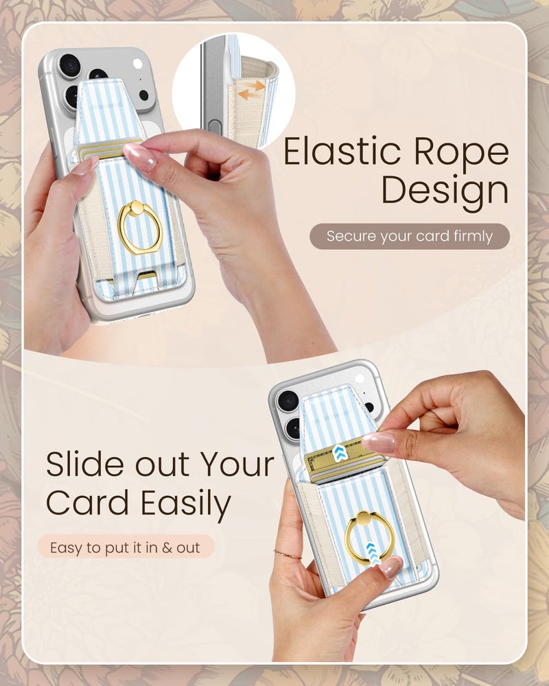 Shorogyt Compatible with Magsafe Wallet with Ring Grip Magnetic Card Holder - Cute Phone Wallets with Stand for iPhone 17/16/15/14/13/12 Series for Women Girls Blue White Design, Fit 7 Cards - Image 4