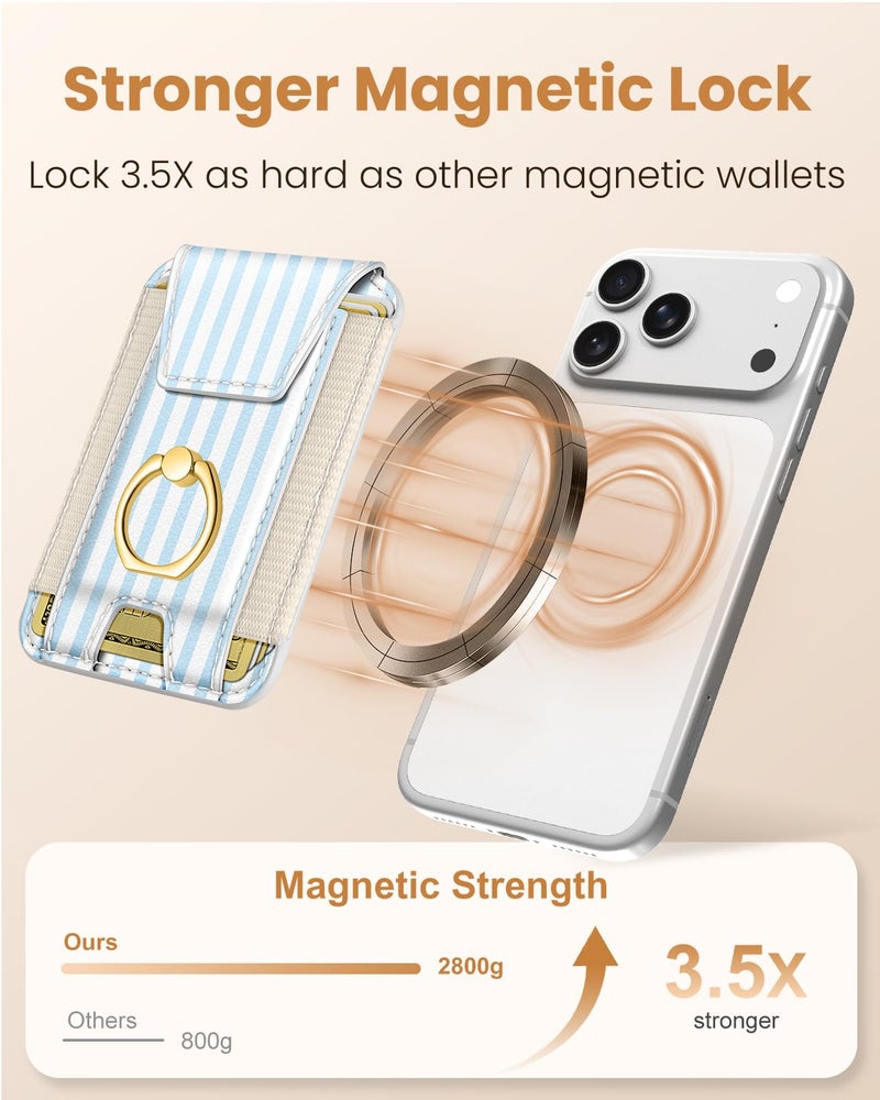 Shorogyt Compatible with Magsafe Wallet with Ring Grip Magnetic Card Holder - Cute Phone Wallets with Stand for iPhone 17/16/15/14/13/12 Series for Women Girls Blue White Design, Fit 7 Cards - Image 3