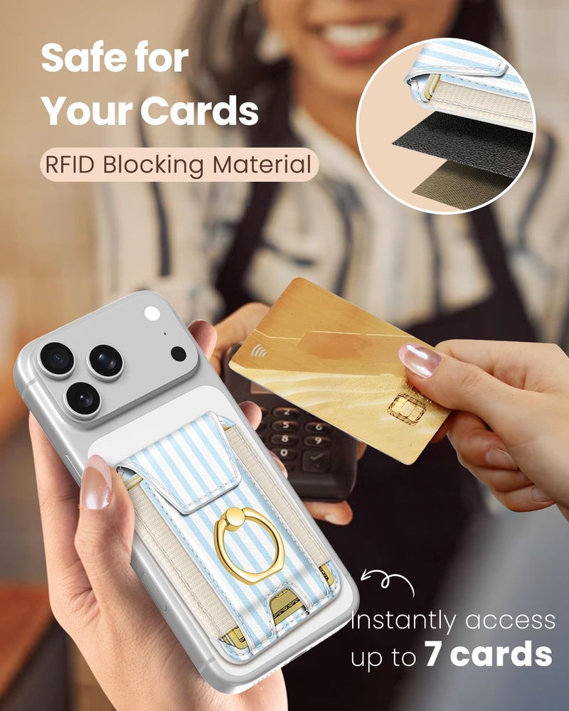 Shorogyt Compatible with Magsafe Wallet with Ring Grip Magnetic Card Holder - Cute Phone Wallets with Stand for iPhone 17/16/15/14/13/12 Series for Women Girls Blue White Design, Fit 7 Cards - Image 5