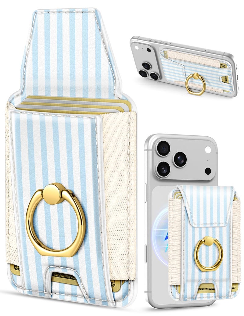 Shorogyt Compatible with Magsafe Wallet with Ring Grip Magnetic Card Holder - Cute Phone Wallets with Stand for iPhone 17/16/15/14/13/12 Series for Women Girls Blue White Design, Fit 7 Cards - Image 1