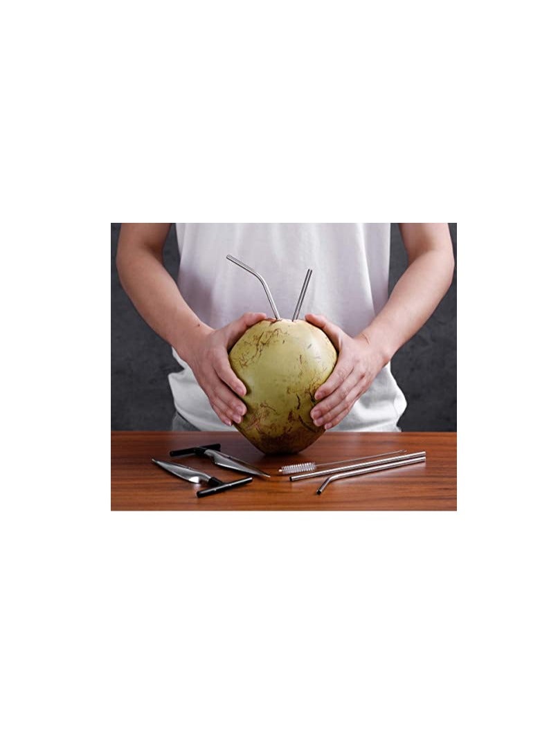 Excefore 2 PCS Coconut Opener Tool Set with 4 Reusable Straws & Brush, Food Grade Stainless Steel Coco Nut Bottle Opener for Young Thai Green Fresh Coconut Water, Safe and Easy Convenient Coco Drill Punch  - Image 3