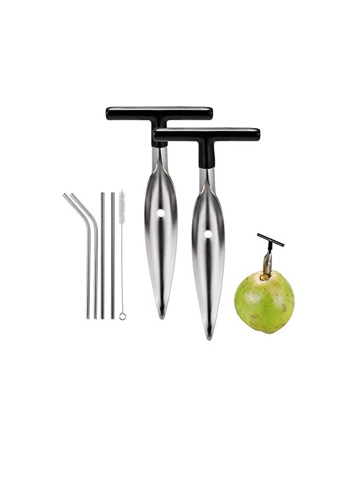 Excefore 2 PCS Coconut Opener Tool Set with 4 Reusable Straws & Brush, Food Grade Stainless Steel Coco Nut Bottle Opener for Young Thai Green Fresh Coconut Water, Safe and Easy Convenient Coco Drill Punch  - Image 1