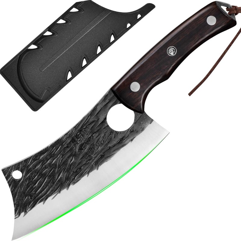 FULLHI Kitchen Knife with Guard, Multi-color Handle Meat Cleaver Knife for Meat Cutting, High Carbon Steel Forged Butcher Full Tang Chef Knife for Outdoor Cooking, Camping BBQ (Brown) - Image 1