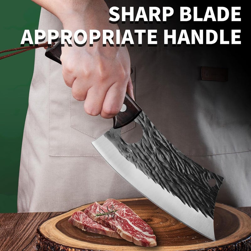 FULLHI Kitchen Knife with Guard, Multi-color Handle Meat Cleaver Knife for Meat Cutting, High Carbon Steel Forged Butcher Full Tang Chef Knife for Outdoor Cooking, Camping BBQ (Brown) - Image 4