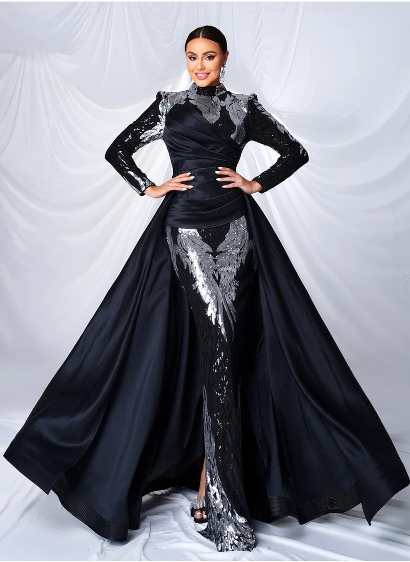 Madam Uniq Long Sleeve Elegant Round Neck Sequin Mermaid Evening Gown Dress