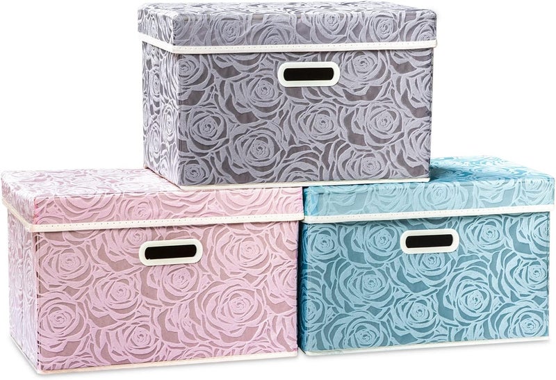 PRANDOM Larger Collapsible Storage Cubes with Lids Fabric Decorative Storage Bins Boxes Organizer Containers Baskets with Cover Handles for Bedroom Closet Living Room 17.7x11.8x11.8 Inch 3 Pack - Image 1