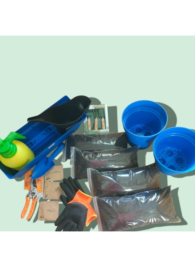 Gardening Tools Set, Blue Planting Containers, Black Shovel, Protective Gloves, Household Planting Equipment Sprinkler and Watering Cane with Seed Set and Pruning Scissors for Plant Care - Image 1