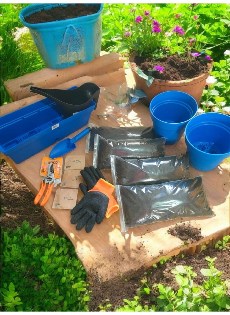 Gardening Tools Set, Blue Planting Containers, Black Shovel, Protective Gloves, Household Planting Equipment Sprinkler and Watering Cane with Seed Set and Pruning Scissors for Plant Care - Image 2