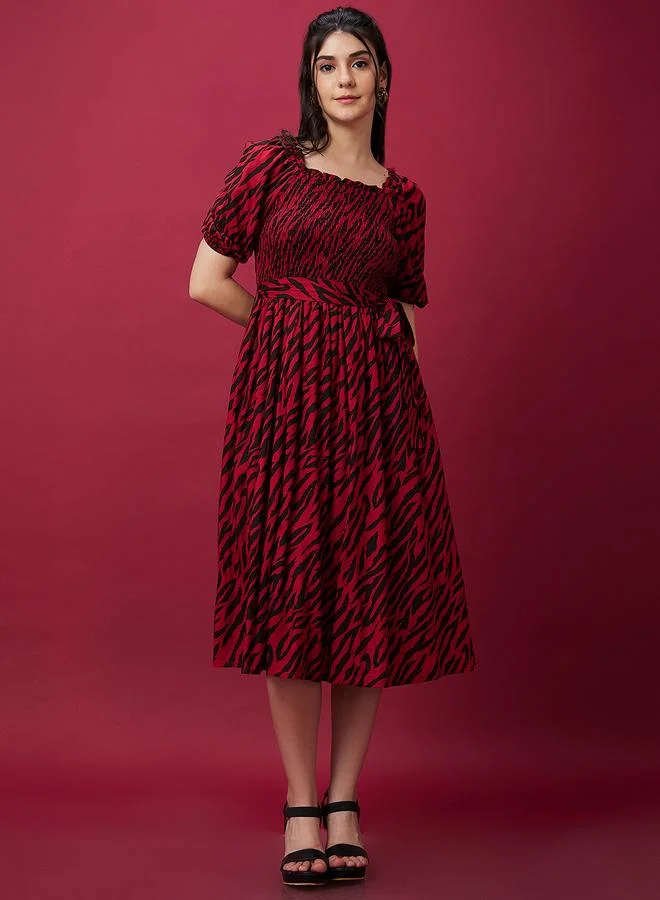 globus Globus Women Zebra Print Smocked A-Line Midi Dress with Belted Waist