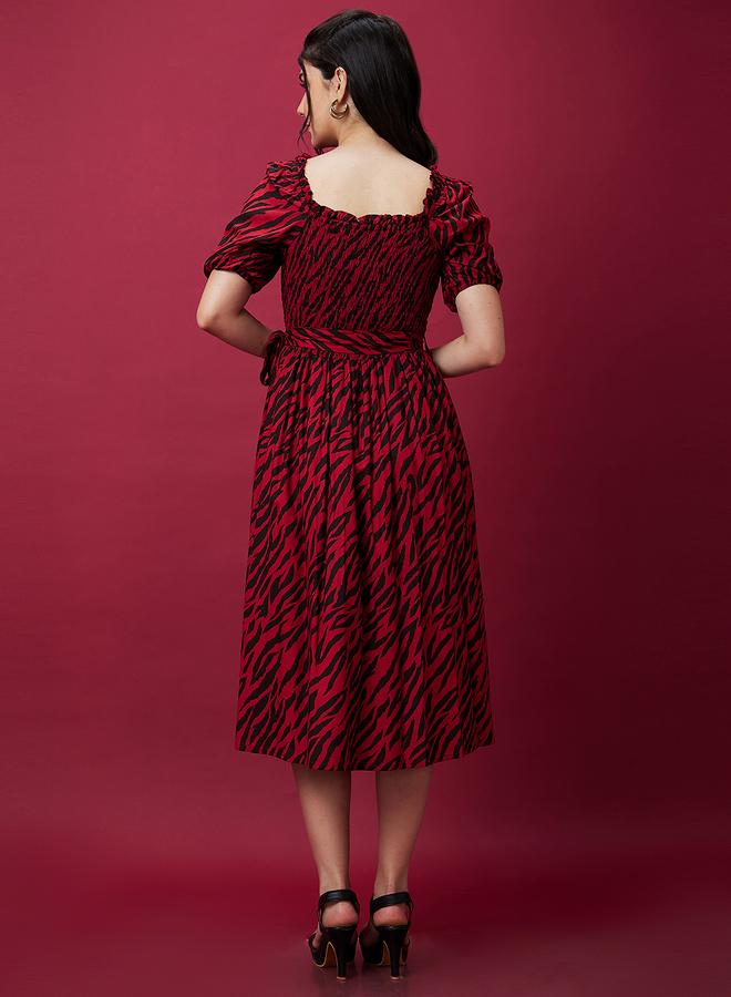 Globus Women Zebra Print Smocked A-Line Midi Dress with Belted Waist - Image 4
