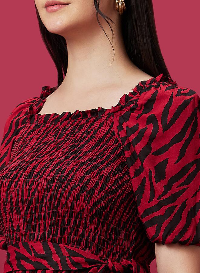 Globus Women Zebra Print Smocked A-Line Midi Dress with Belted Waist - Image 5