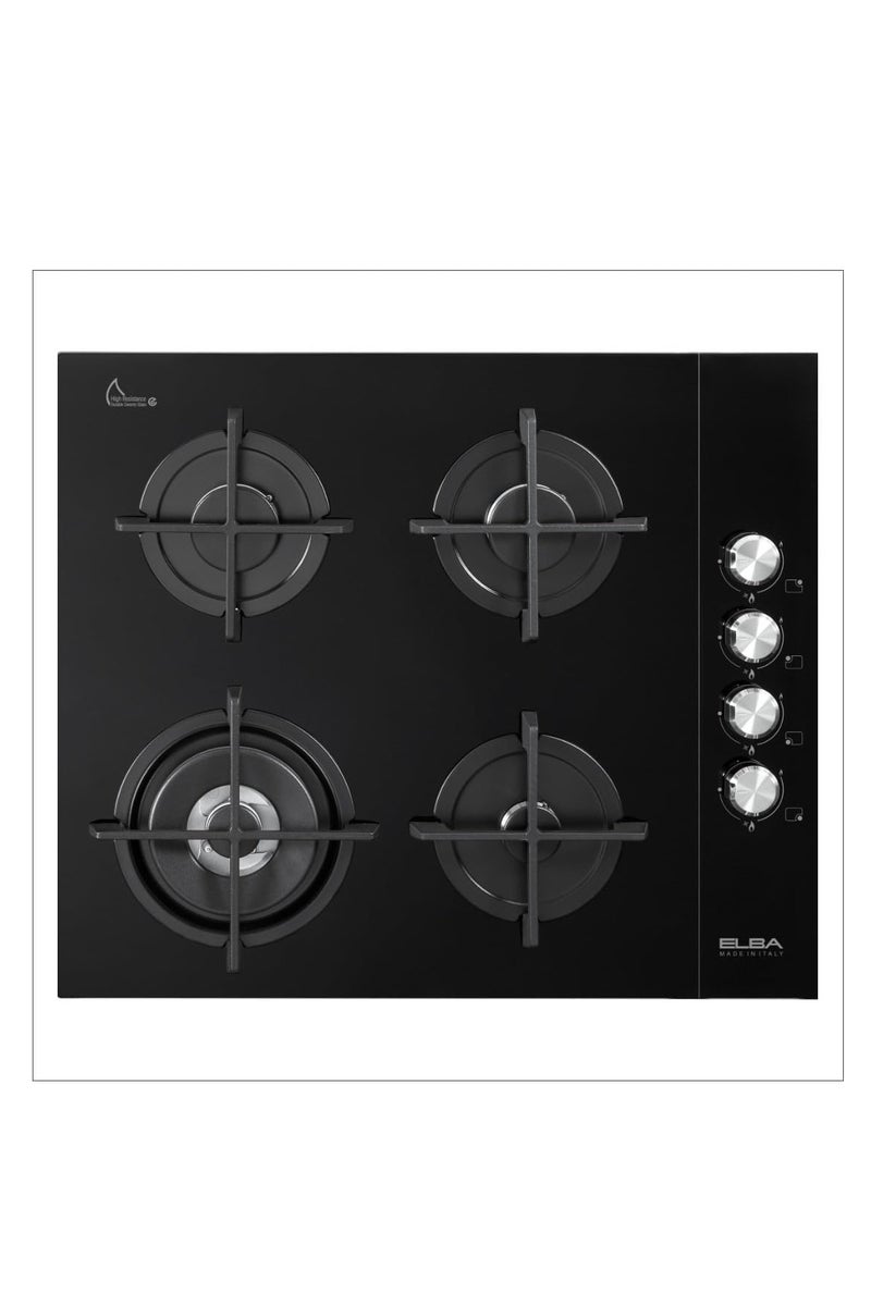 ELBA - 60cm Black Ceramic 4 Zone Gas Cooktop - Electronic Ignition - Safety Devices - Cast Iron Pan Supports + Wok Stand - Italian Technology