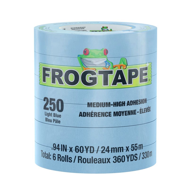 FrogTape FROGTAPE 250 Light Blue Moderate Temperature Performance Grade Masking Tape MediumHigh Adhesion 24mm x 55m 6 Rolls per Pack 105327  - Image 1
