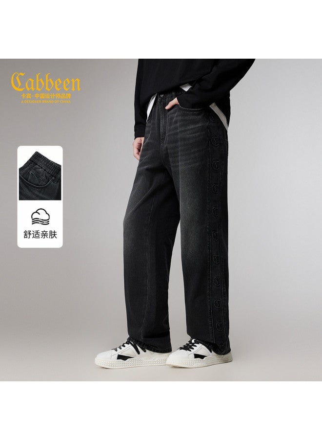 Cabbeen Men's Denim Casual Pants Logo Steel Press Loose Straight Leg Versatile Winter Trousers - Image 2