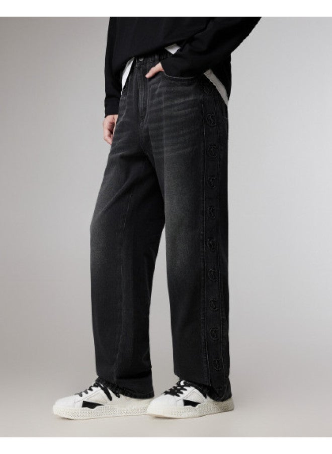 Cabbeen Men's Denim Casual Pants Logo Steel Press Loose Straight Leg Versatile Winter Trousers - Image 1