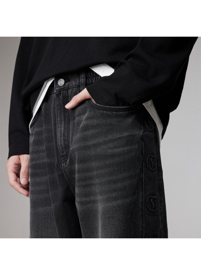 Cabbeen Men's Denim Casual Pants Logo Steel Press Loose Straight Leg Versatile Winter Trousers - Image 4