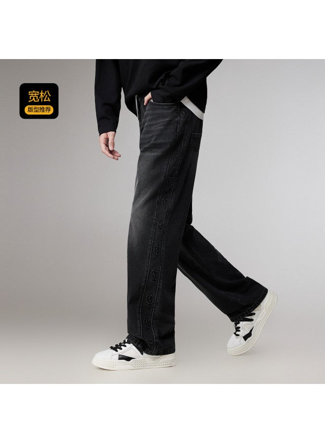 Cabbeen Men's Denim Casual Pants Logo Steel Press Loose Straight Leg Versatile Winter Trousers - Image 3
