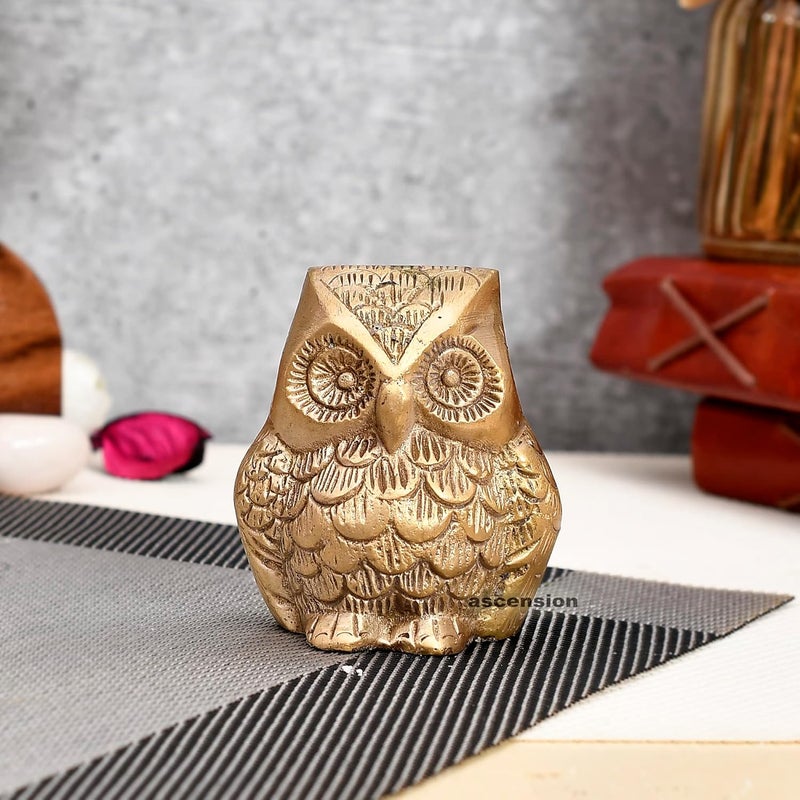 ascension Unique Animal Figurine of Sitting Owl Decorative Metal Showpiece Item in Yellow Finish for Table Decor - Image 1