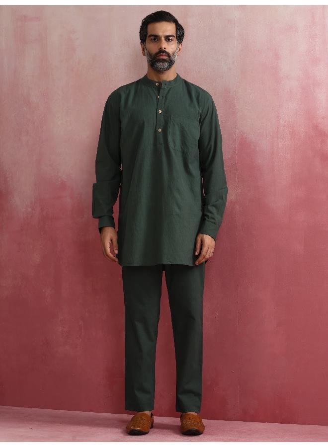 ترو برونز Men's Green Cotton Mandarin Collar Kurta Co-ord set  - Image 1