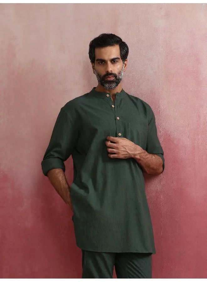 trueBrowns Men's Green Cotton Mandarin Collar Kurta Co-ord set