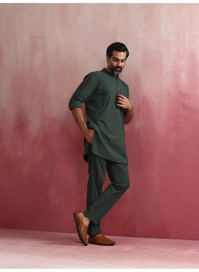 trueBrowns Men's Green Cotton Mandarin Collar Kurta Co-ord set