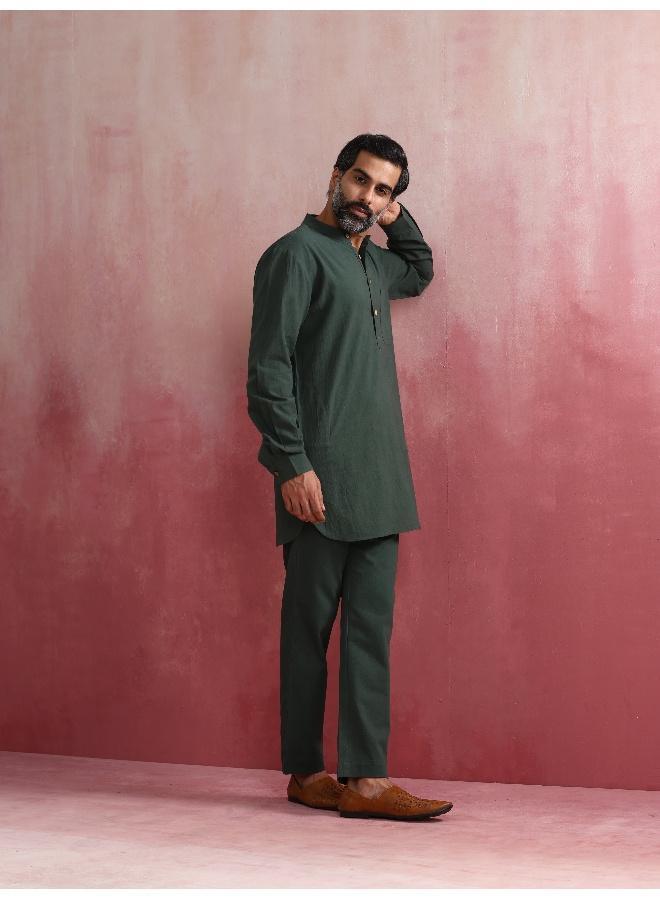 ترو برونز Men's Green Cotton Mandarin Collar Kurta Co-ord set  - Image 2