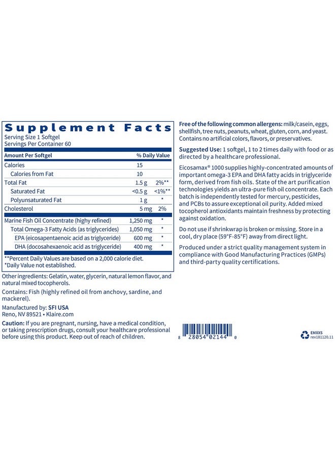 Klaire Labs - Eicosamax 1000 Tg Fish Oil 1000 Mg Epa/Dha Per Soft Gel Ultra Pure Omega 3 Fish Oil Pills Sustainably Sourced Natural Lemon Flavor For No Fishy Burps (60 Softgels) - Image 1
